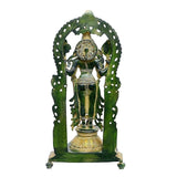 Back view of brass Vishnu statue with prabhavali arch and circular halo ornament