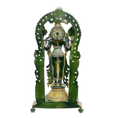 Back view of brass Vishnu statue with prabhavali arch and circular halo ornament