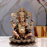 12-inch bronze Ganesha statue, seated on lotus, ornate crown, holding scepter and bowl