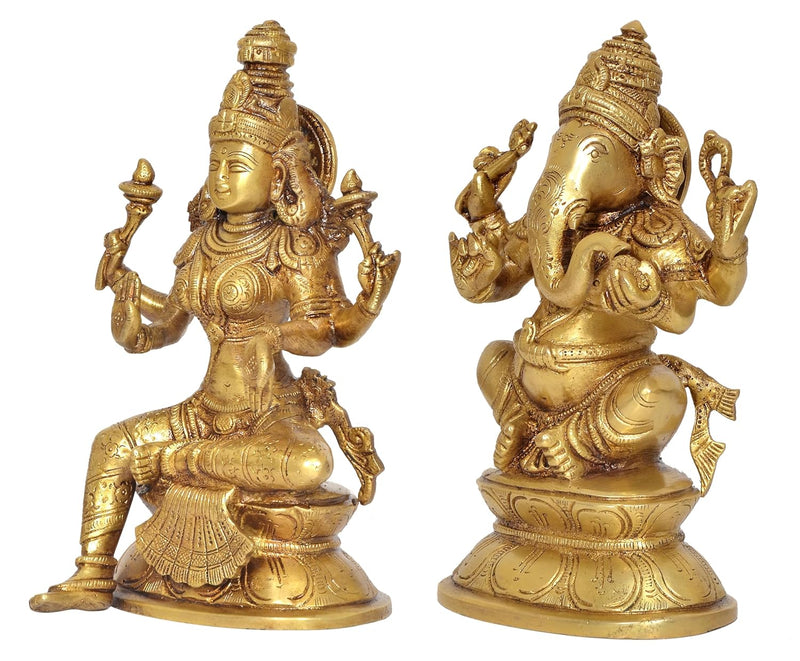 Brass Laxmi Ganesh Statue - Handcrafted Goddess Lakshmi and Lord Ganesha Idol for Home Decor and Pooja - Hindu Deities Figurine (Height 8 Inch)