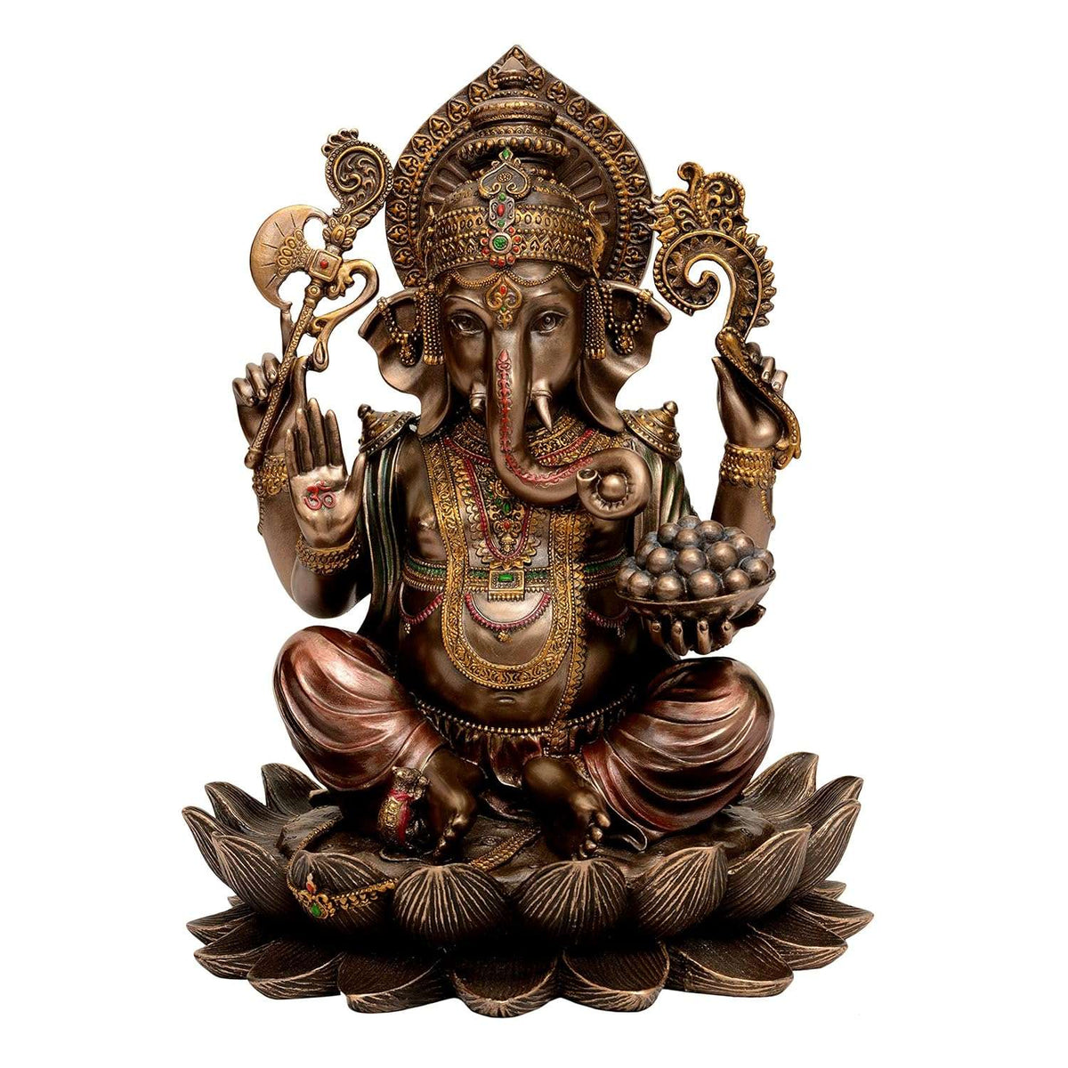 Bronzene Ganesha-Statue auf Lotus, 25 cm, detailreiche Krone und Schmuck