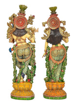 Radha-Krishna resin idols, back view pair with long dark hair and gold back ornaments