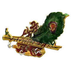Gold plated Morpankh key holder with green peacock feather, decorative panel, key rings