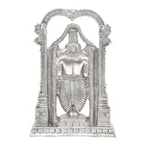 Silver Tirupati Balaji idol front view, metallic finish, arch frame and pedestal, 8 inch