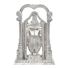 Silver Tirupati Balaji idol front view, metallic finish, arch frame and pedestal, 8 inch