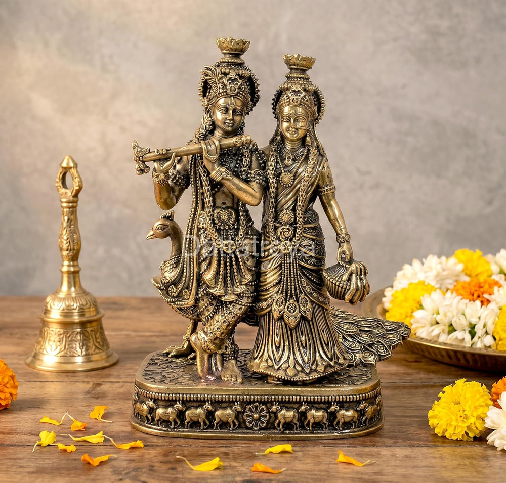 Brass Standing Radha Krishna Statue Idol with Peacock Krishna Playing Flute Decorative Showpiece for Home Decor Mandir Office Pooja Temple (Height:4 Inches)