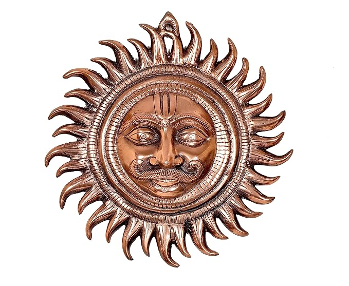 Large metal sun wall hanging with embossed face, copper-brown finish, circular rays