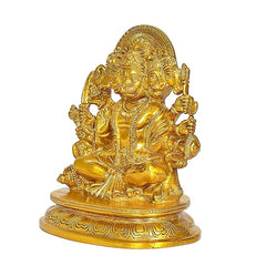 Golden brass Panchmukhi Hanuman idol figurine, angled view showing seated pose and arched halo