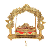 Gold metal swing cradle for Laddu Gopal with ornate pillars, curved arch and chains