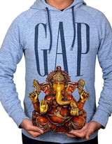 Blue hoodie with Ganesha idol print on lotus, gold and red-brown colors