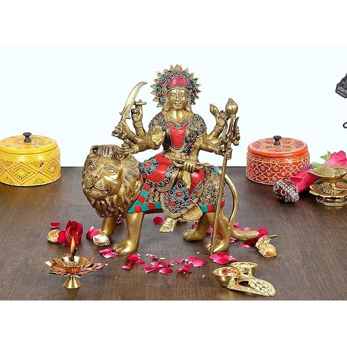 Brass Durga statue on lion, colorful jeweled inlay, 10-inch
