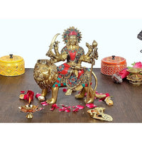 Brass Durga statue on lion, colorful jeweled inlay, 10-inch