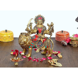 Brass Mother Goddess Durga Sitting On Lion Inlay Work Religious Statue Height 10 Inches