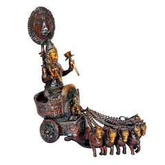 Brass sun chariot statue profile: deity holding arms, chariot wheel and 7 horses.