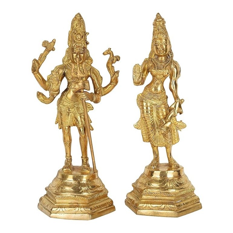 AONA Shiv Parvati brass statue pair, standing deities with trident and raised arms