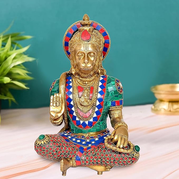 Brass Hanumana Statue Idol Giving Blessings in Sitting Pose for Home Decor Multicolor | Height : 11 Inches