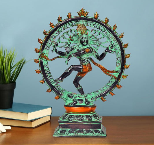 Brass Natraj Lord Shiva Dancing Natraj Brass with 23 Agni Chakra Idol Statues for Home Decor and Ofice Multicolor (Height: 13 inch) (Multicolor Natraj)