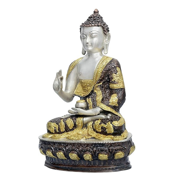 Brass Statue of Buddha Blessing with Sacred Kalash and Draped in Shawl, Height : 12 Inch Multi Colour