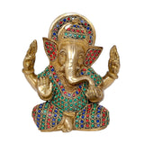 Seated Lord Ganesha statue, gold brass finish, ornate crown and jeweled earrings