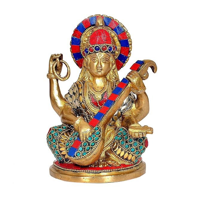 Brass Saraswati Statue Idol for Home Decor | Height : 7 Inches Craft Detail