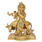 Brass Lord Krishna with Cow Idol Figurine Sculpture Playing Flute Statue Decorative Showpiece, (Height 9 Inch)