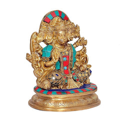 AONA Brass Panchmukhi Hanuman idol, angled view: raised hands holding charms