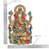 Ganesh statue on measuring scale, 13 in height; ornate red and blue accents