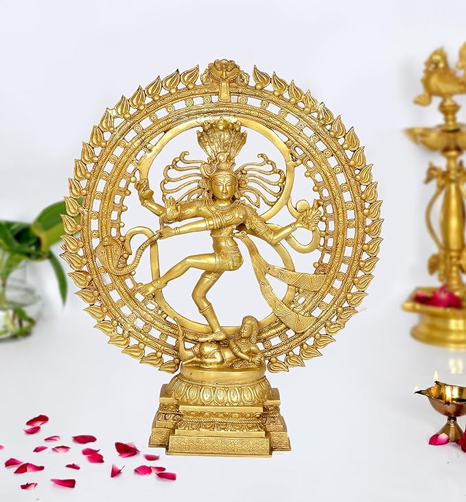 Brass Nataraj Lord Shiva dancing idol with ornate circular halo, 24 in