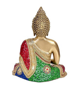 Back/side view brass Buddha meditation idol with jeweled multicolor robe and seated posture.