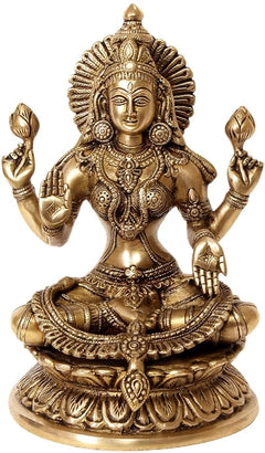 Brass Lakshmi Maa figurine, front view with crown and two raised blessing hands