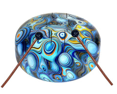 Tongue drum with rubber mallets; blue peacock swirl pattern and black tips