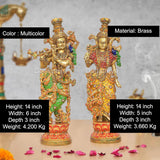 Multicolor brass Radha Krishna idol, 14 in, ornate Meenakari, two standing figures