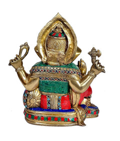 Back view of Brass Ganesha idol statue, golden halo and multicolour waistband details