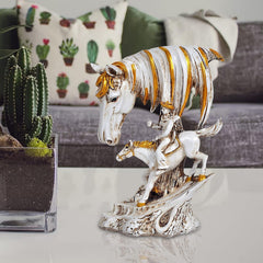 Resin horse figurine with rider, white and gold-striped mane, standing on ornate base