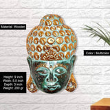 Buddha mask wall hanging (9 in), multicolor painted wood with turquoise face and gold details