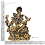 Brass Maa Saraswati statue, height 11 inch; measurement view with veena and ornate base