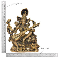 Brass Maa Saraswati statue, height 11 inch; measurement view with veena and ornate base