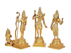 Brass Ram Darbar standing idols, 8 inch; ornate costumes and curved staffs