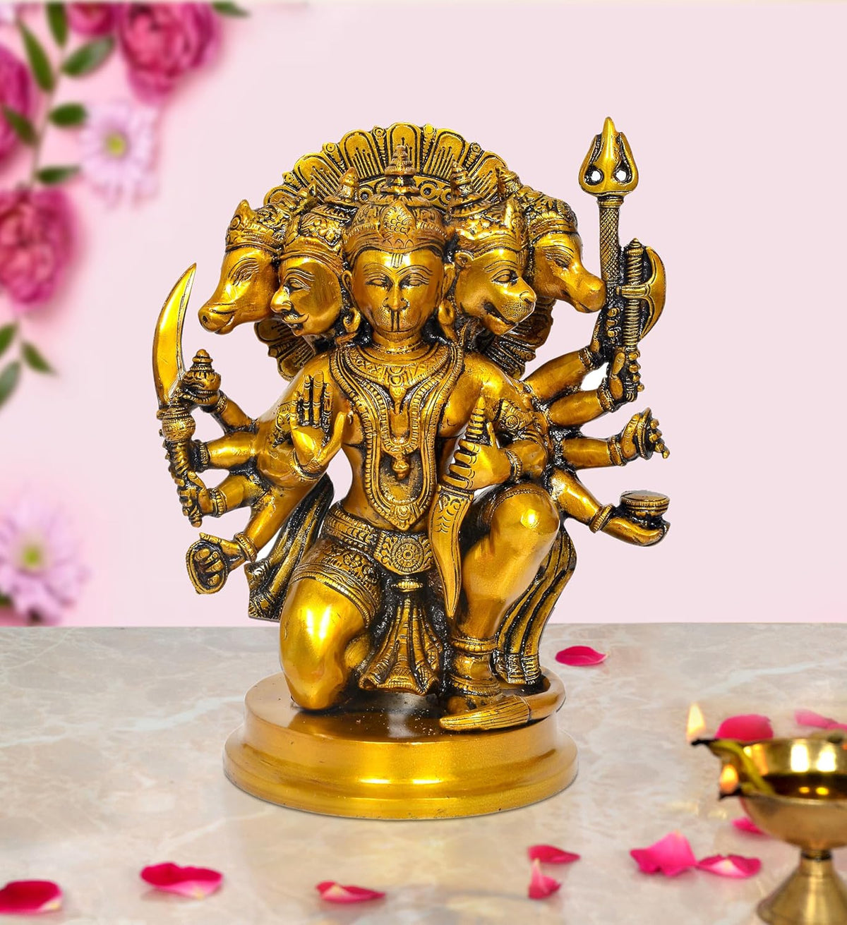 Brass Panchmukhi Hanuman idol figurine with five faces, holding mace and trident