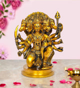 Brass Panchmukhi Hanuman idol figurine with five faces, holding mace and trident
