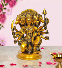 Brass Panchmukhi Hanuman idol figurine with five faces, holding mace and trident