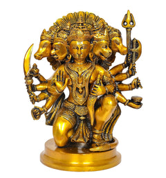 AONA Panchmukhi Hanuman brass idol figurine, four arms holding weapons, standing on base