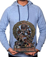 AONA brass Durga Maa idol, multi-armed goddess on lion, held by person for scale