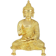 Brass Buddha statue in Abhaya mudra, front view, 9 inch height