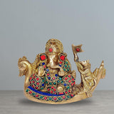 Brass Ganesha on swan palki with colorful jeweled ornaments, 3 in height
