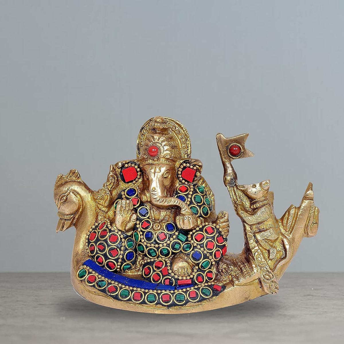 Brass Ganesha on swan palki with colorful jeweled ornaments, 3 in height