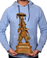 Brass Ganesha idol statue with parasol, held in hands, ornate pedestal base