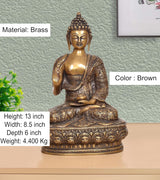 AONA brass Abhaya mudra Buddha statue, seated, height 13 inch, ornate detailing