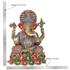 Brass Ganesha sculpture, height 21.5 in, multicolored base with enamel details