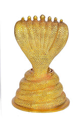 Brass seven-headed serpent hood, full front view over round base